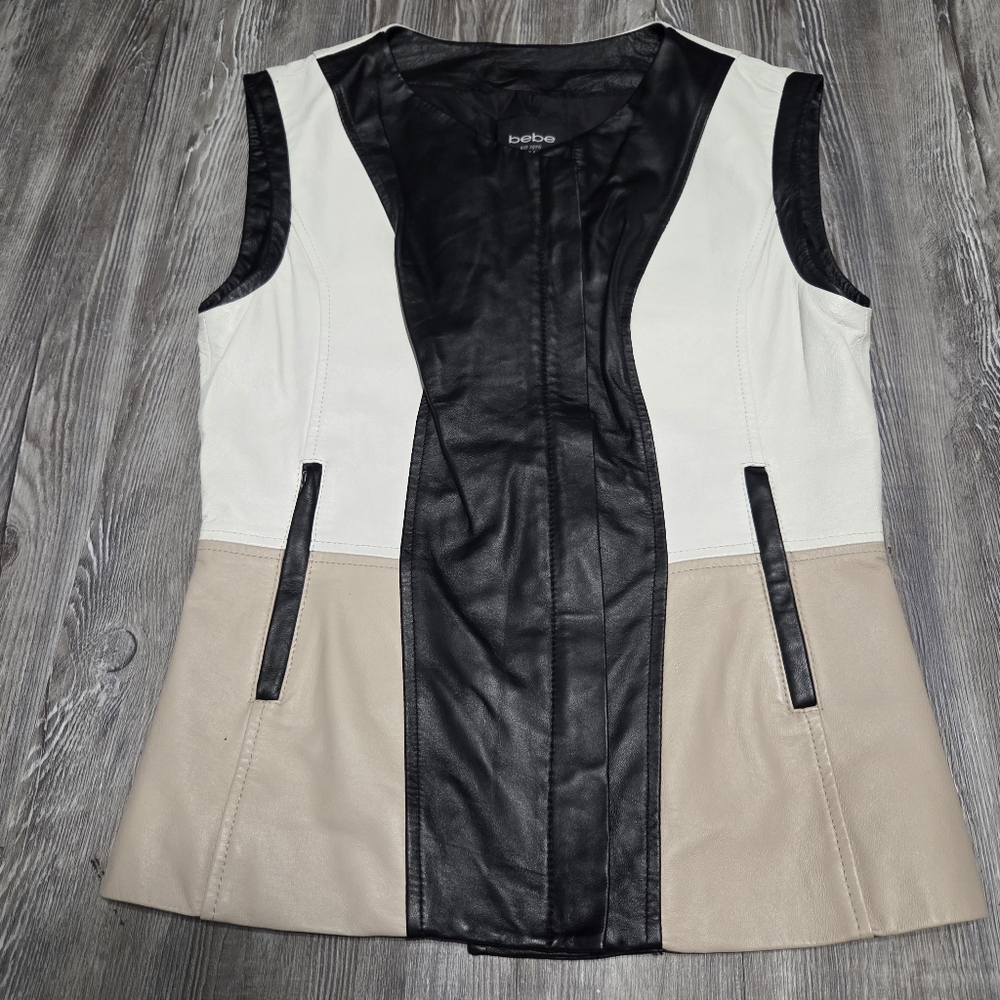 Bebe Jacket Genuine Leather, 3-Toned Colorblock Vest, Size S